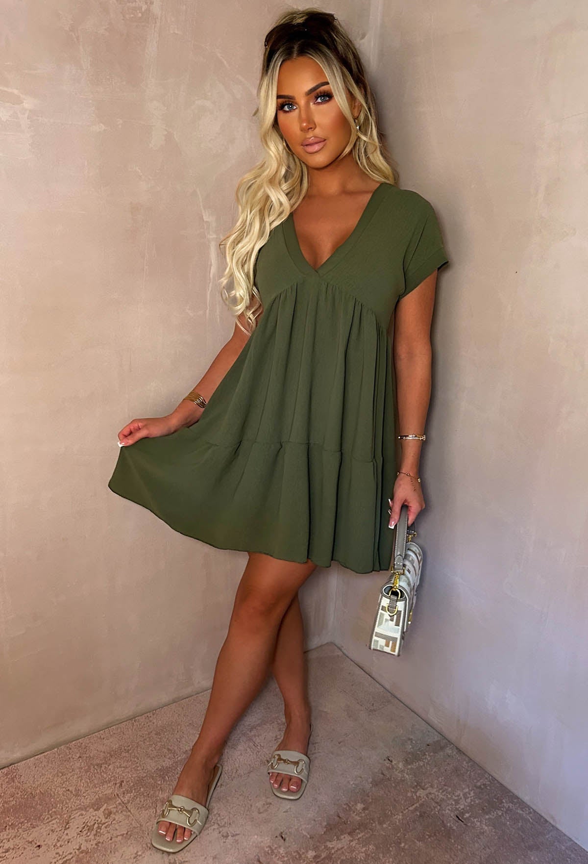 Keep Me Cute Khaki V-Neck Tiered Smock Day Dress