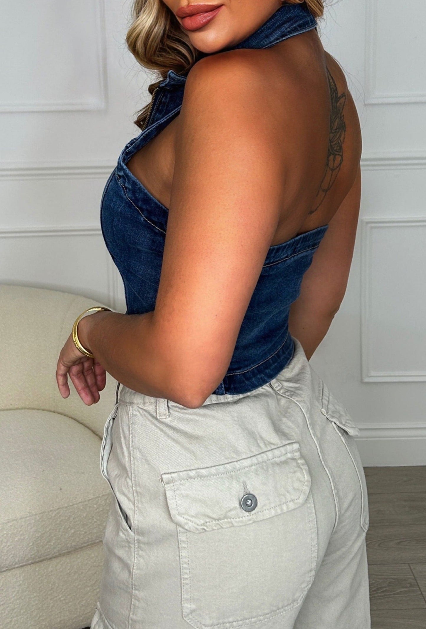 Headliner Blue Stretch Denim Zip Up Top