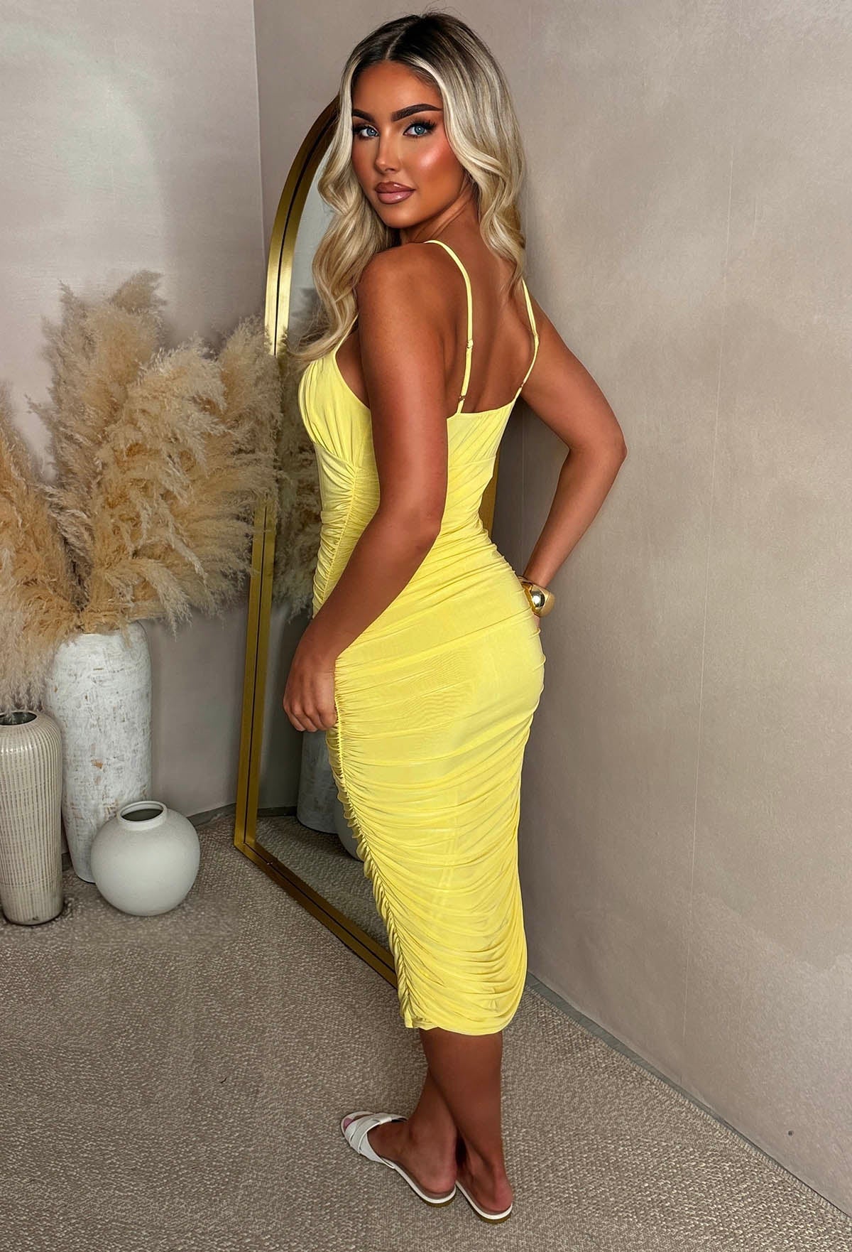 Grace Embrace Lemon Ruched Midi Dress