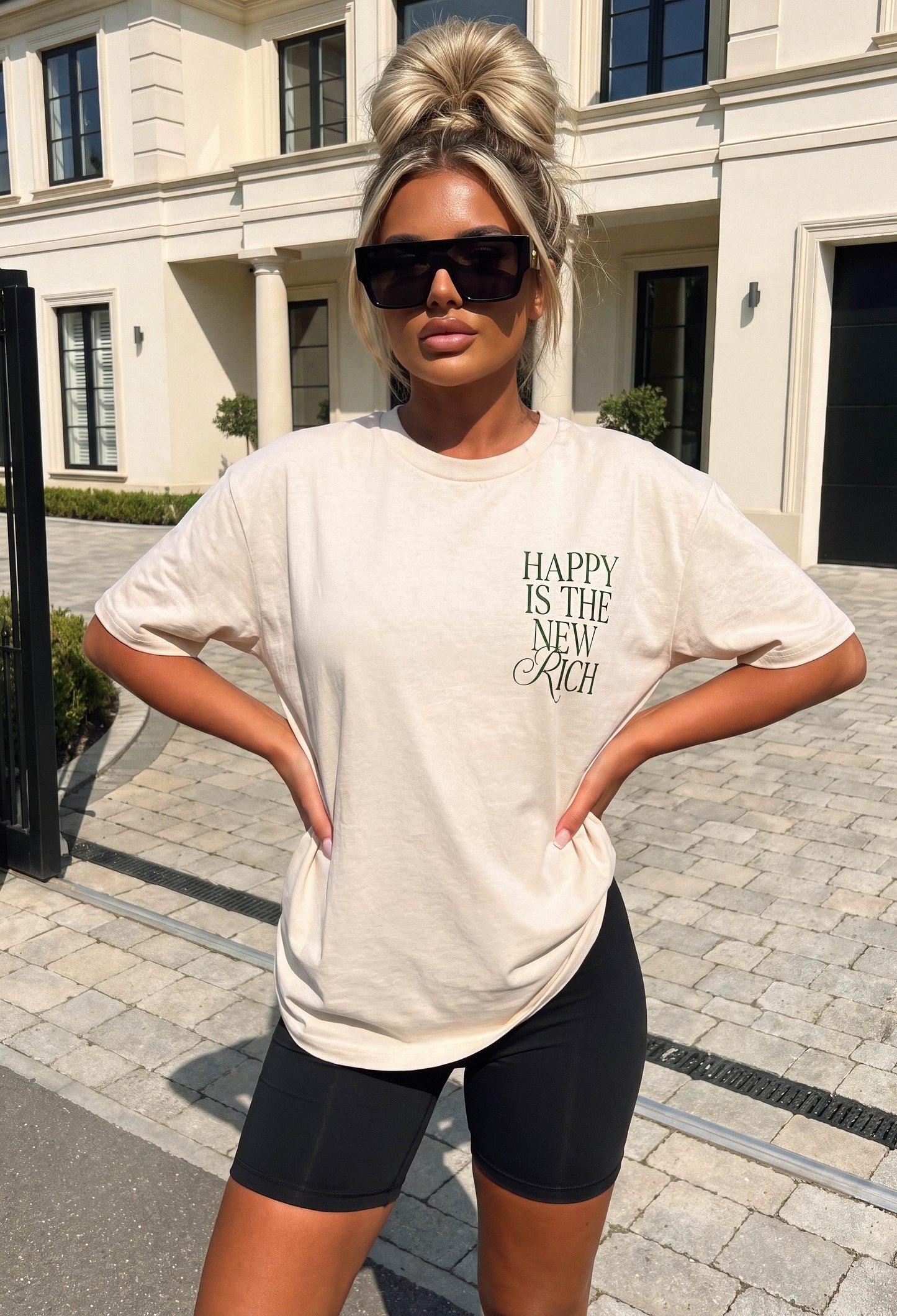 Happy Is The New Rich Beige Graphic T-shirt