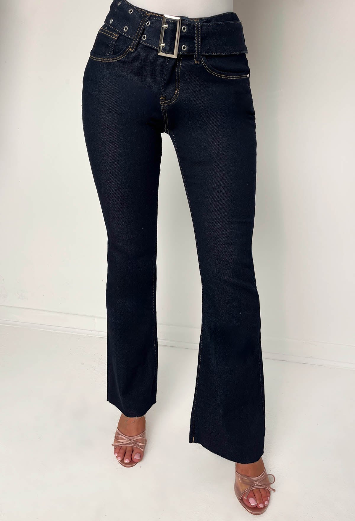 Hot As Hell Dark Blue Low Rise Stretch Belted Flare Jeans