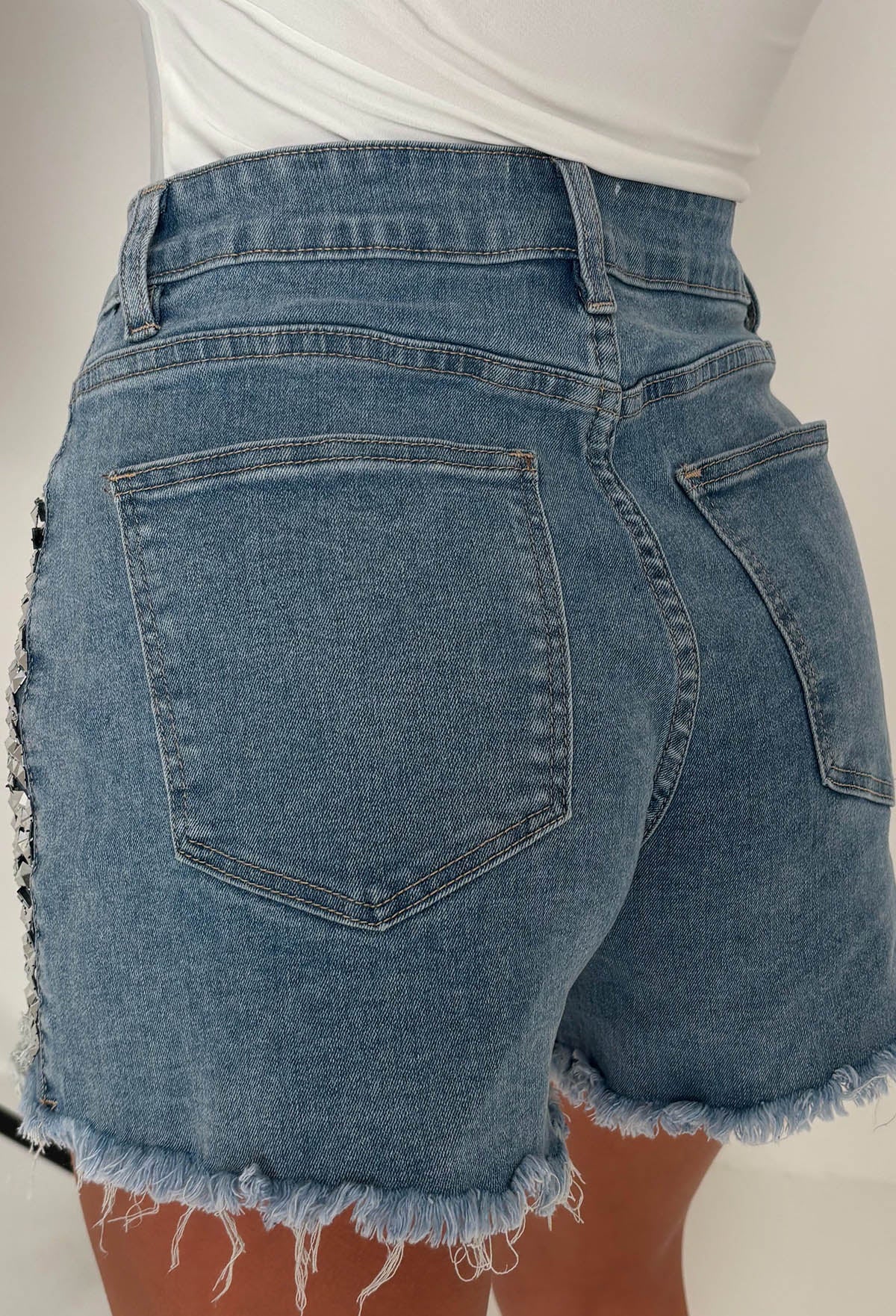 Hot Stud Mid Blue Stretch Studded Front Ripped Denim Shorts
