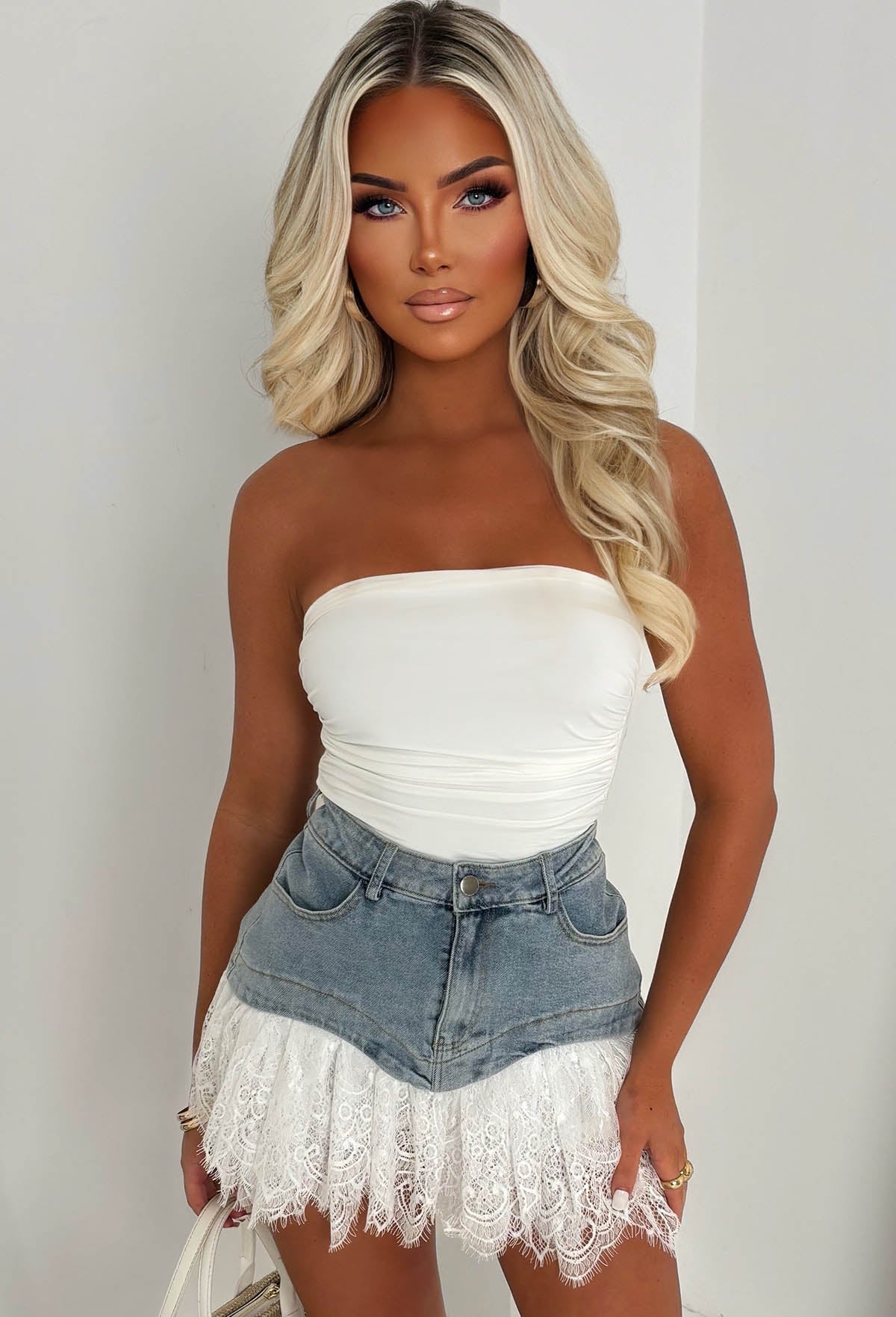 Ibiza It Girl Mid Wash Lace Detail Denim Mini Skirt