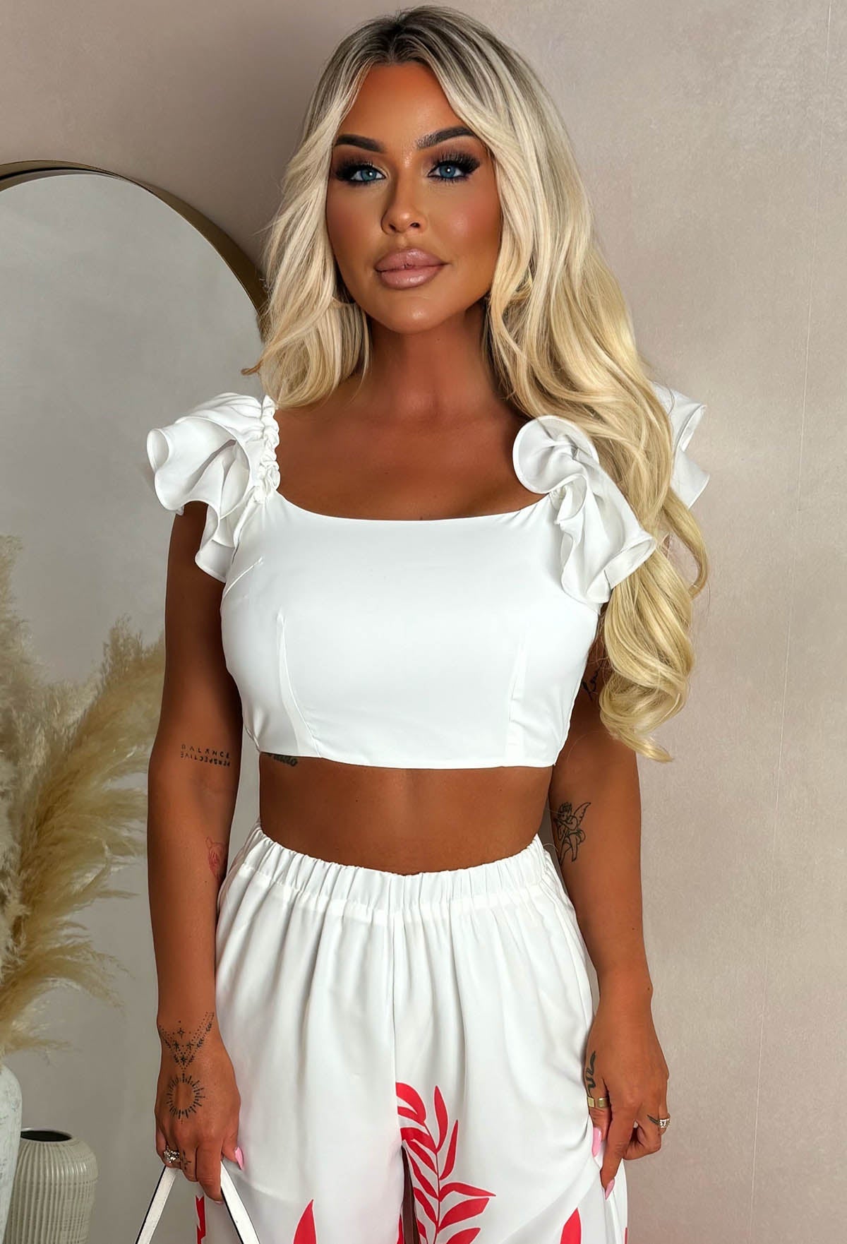 Keep Blooming White Tropical Print Trouser Frill Top Co-Ord