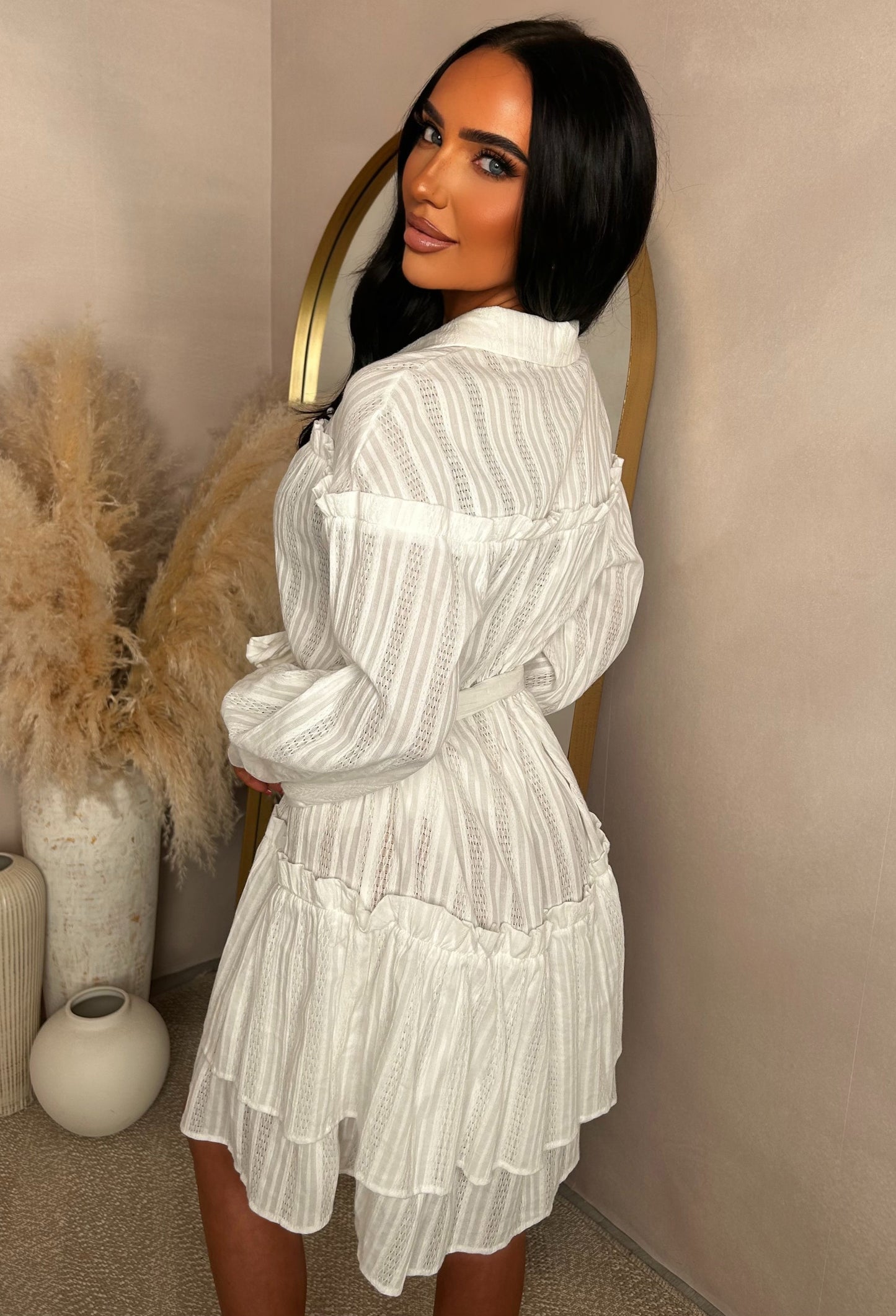 Kiss Me Sweetheart White Ruffle Mini Dress With Tied Bow