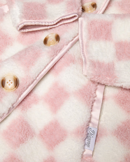 Women's Checkered Sherpa Cardigan - Pink & Cream