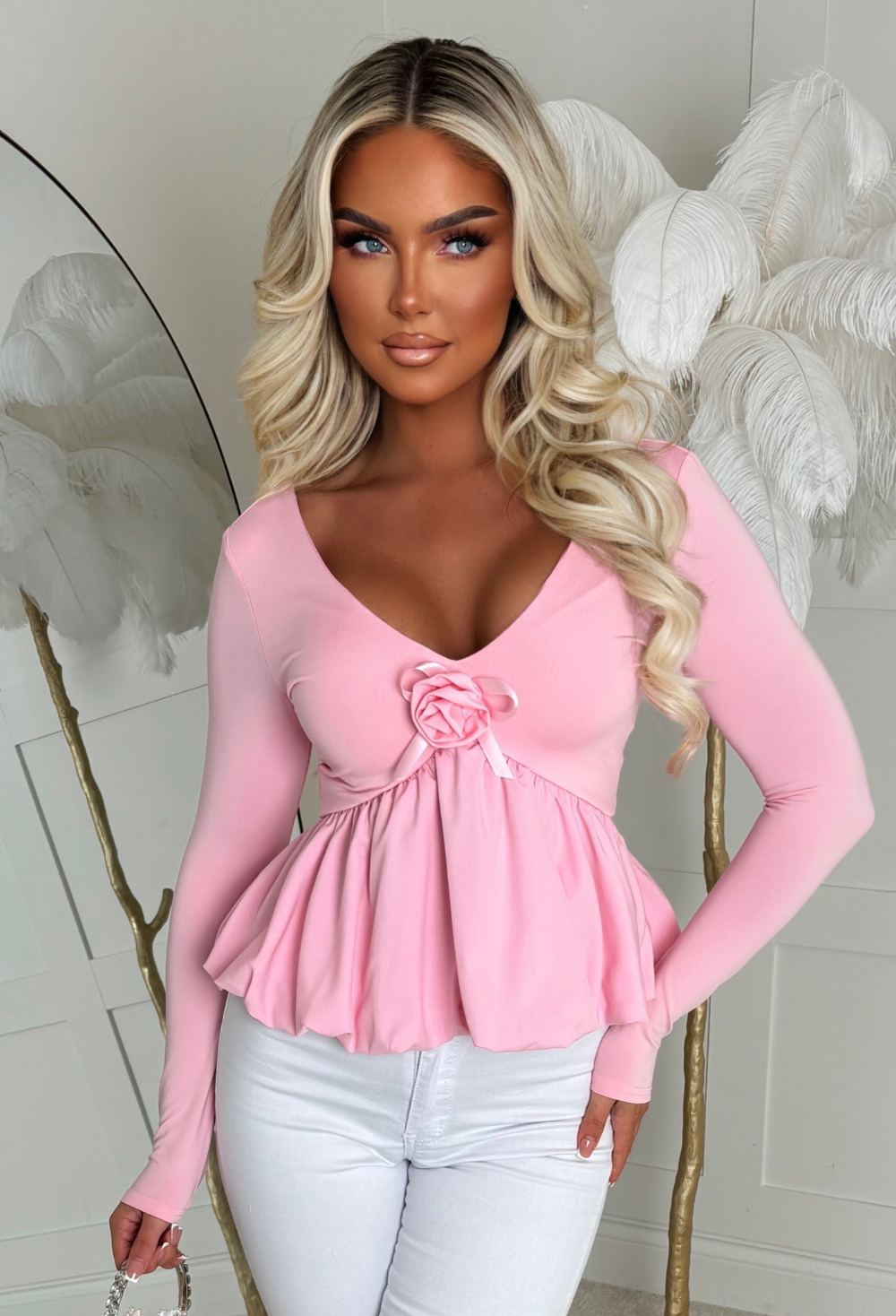 Girly Luxe Light Pink Corsage Puff Ball Stretch Top