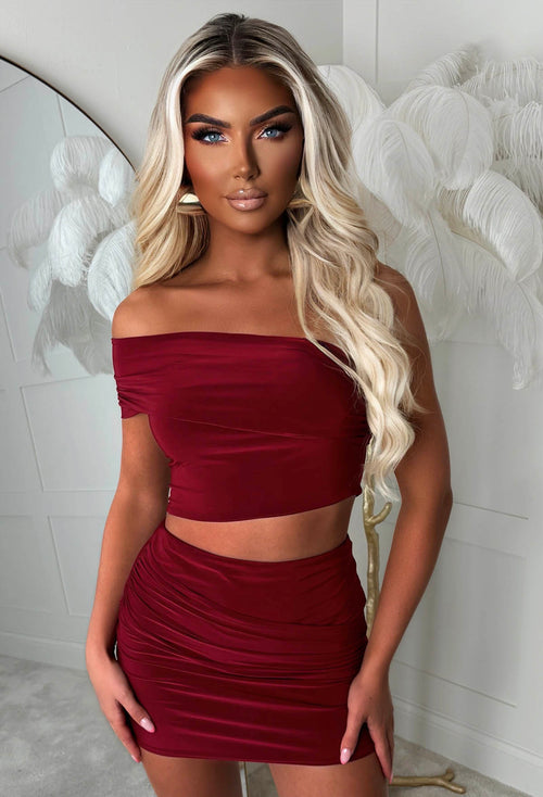Kiah Burgundy Double Layered Ruched Slinky Co-Ord