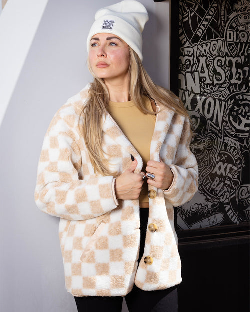 Women's Checkered Sherpa Cardigan - Tan & White