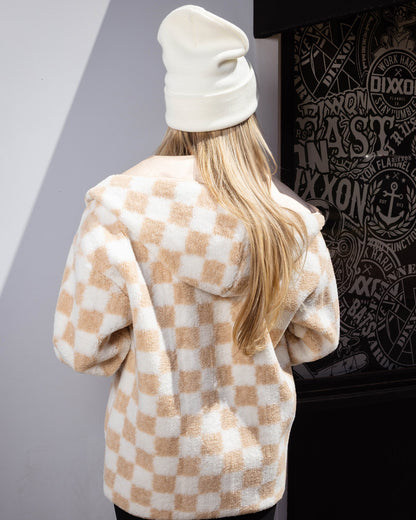 Women's Checkered Sherpa Cardigan - Tan & White