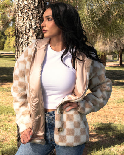 Women's Checkered Sherpa Cardigan - Tan & White