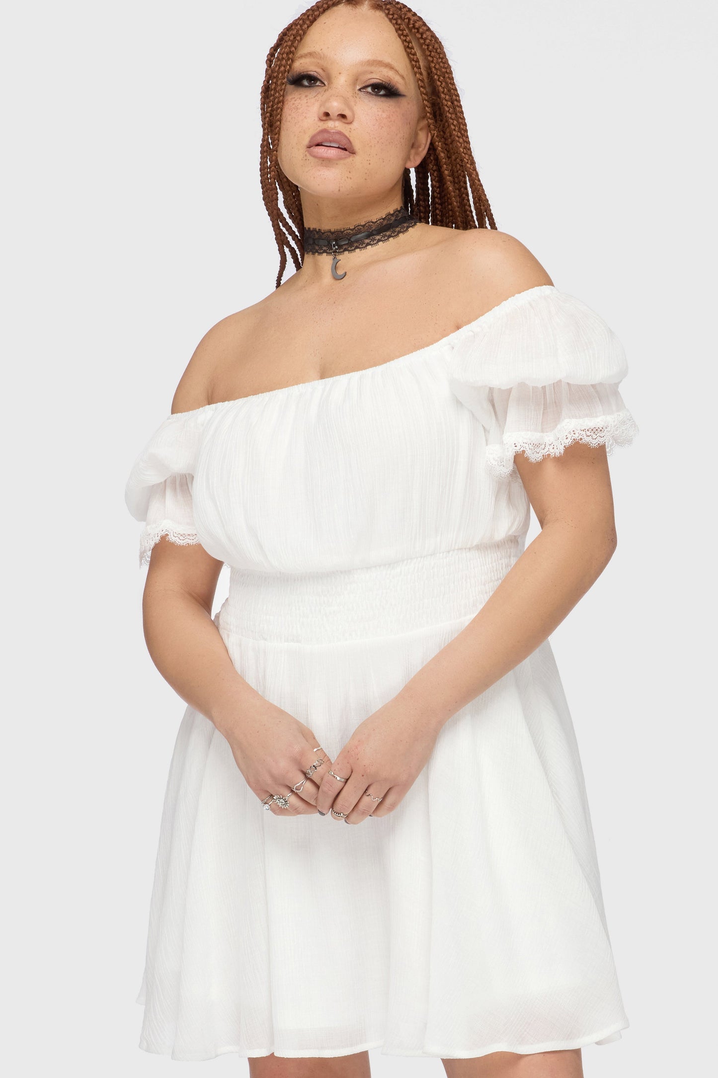 Celestial Night Off The Shoulder Mini Dress [White]