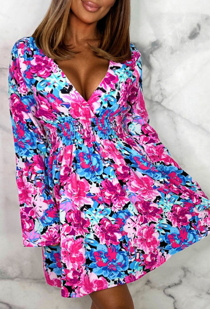 Floral Delight Multi Long Sleeve Open Back Floral Skater Mini Dress