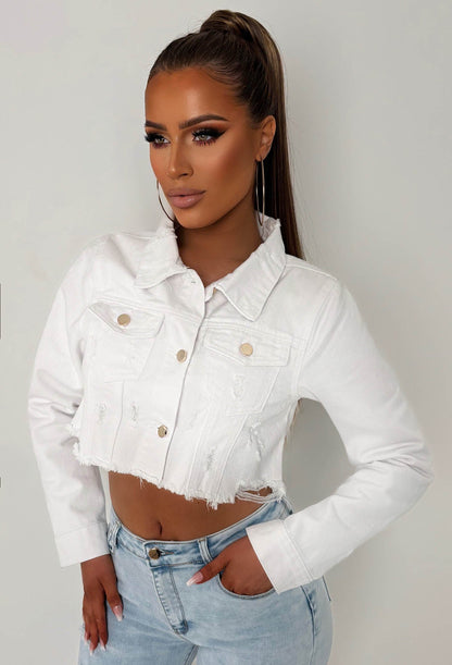 Frayed To See You White Frayed Cropped Denim Jacket
