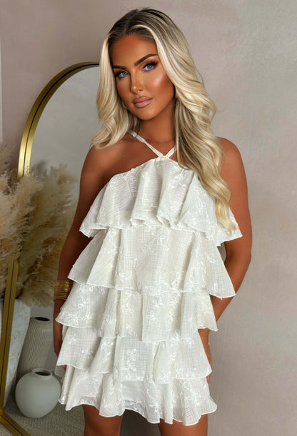 Flirtini Fiesta Cream Frill Halter Strap Embroidered Mini Dress