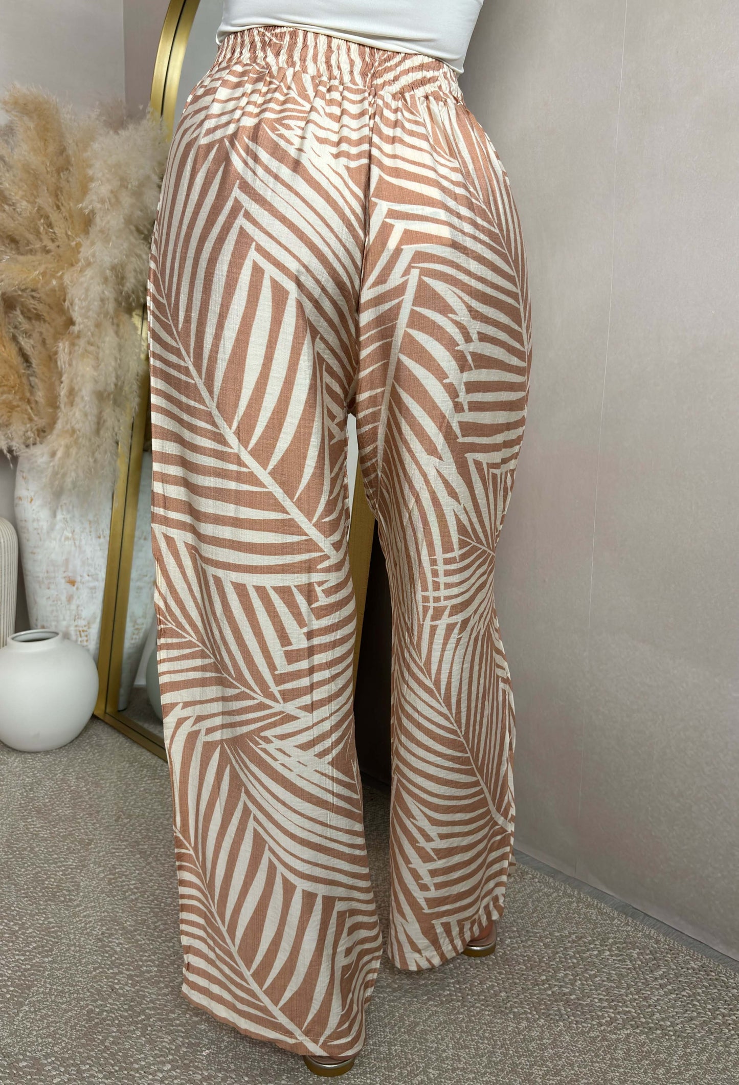 Heatwave Chic Beige Tie Waist Tropical Trousers
