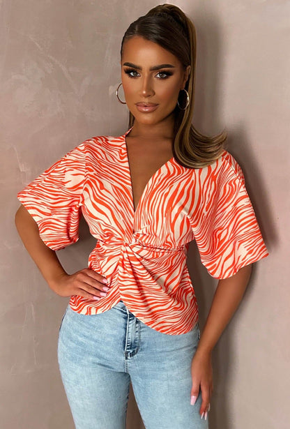 Hidden Flame Orange Knot Detail Crepe Top