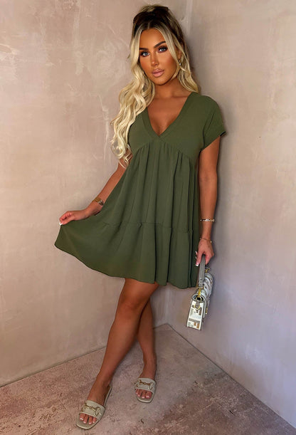 Keep Me Cute Khaki V-Neck Tiered Smock Day Dress