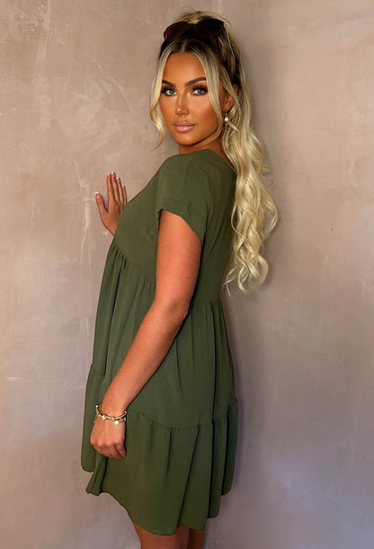 Keep Me Cute Khaki V-Neck Tiered Smock Day Dress