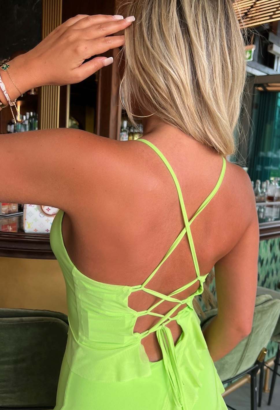 Frilling Temptation Green Frilled Lace Up Back Cami Maxi Dress