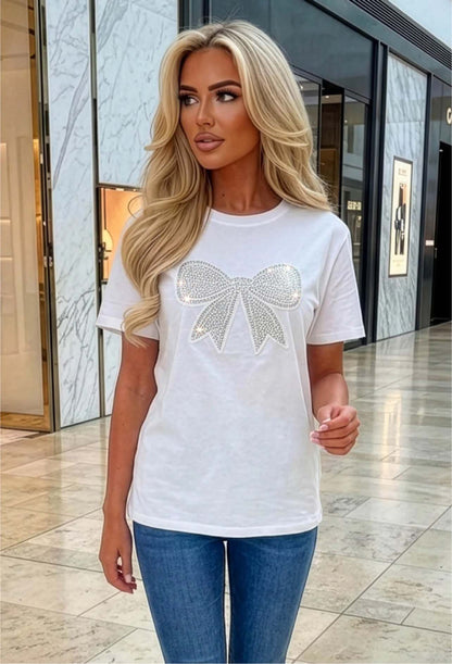 Gemini White Bow Embellished T-shirt