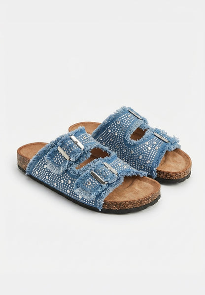 Frayed Forever Mid Blue Embellished Sliders