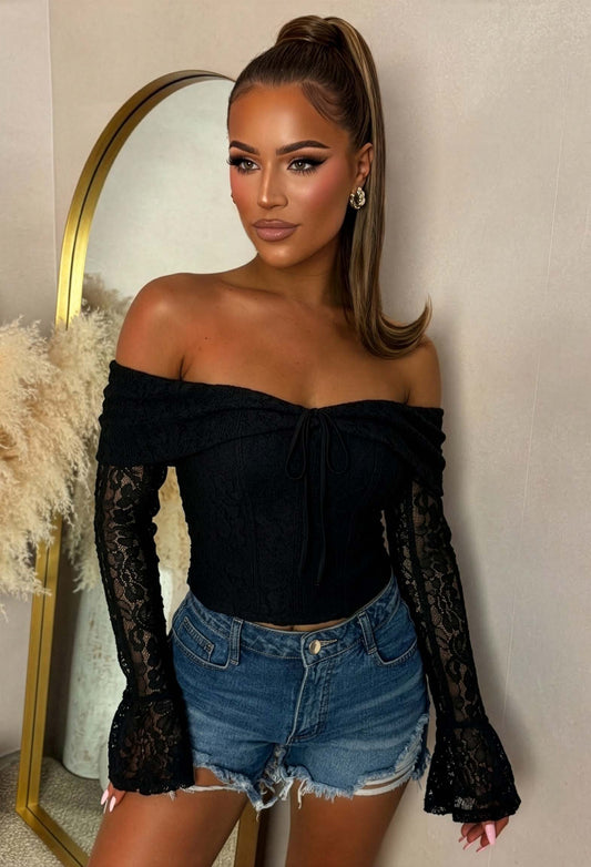Heavenly Haze Black Lace Off Shoulder Top