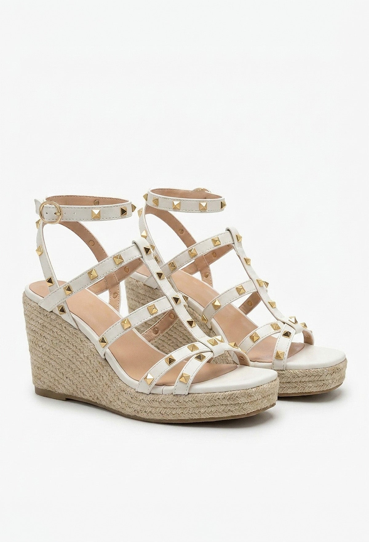 Island Escape White Raffia Studded Wedges