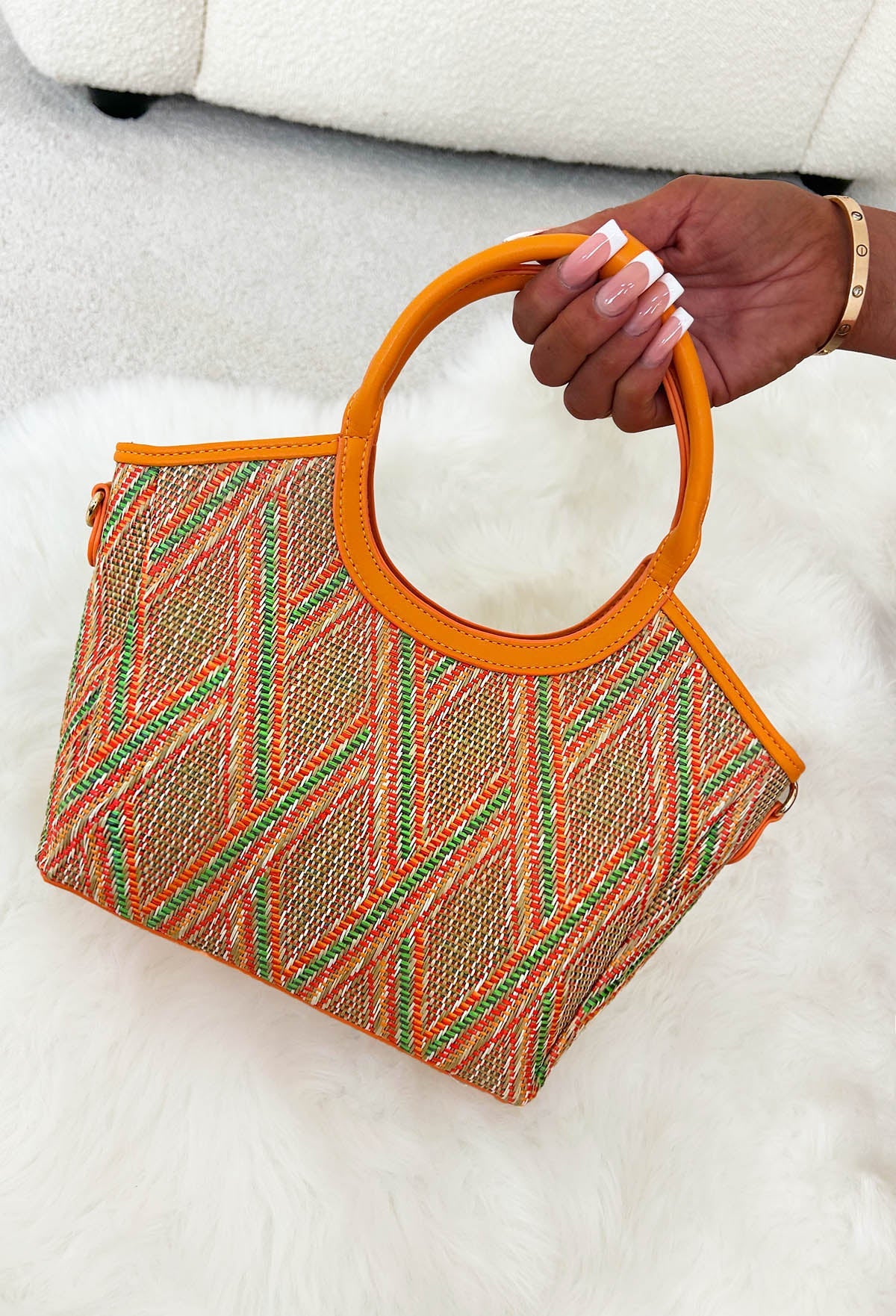 Hot On The Spot Orange Top Handle Printed Raffia Bag