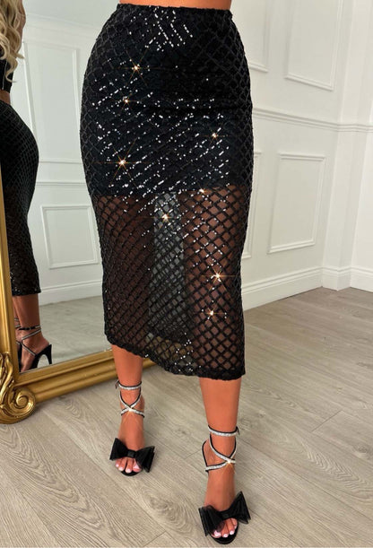I'm The It Girl Black Sequin Midi Skirt