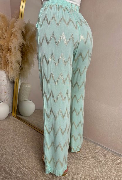 Flirt Factor Teal Gold Foil Zig Zag Straight Leg Stretch Trousers