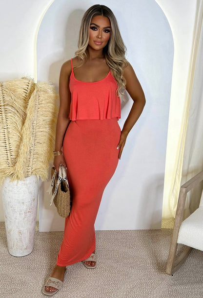 Heatwave Coral Super Soft Comfort Jersey Frill Maxi Dress