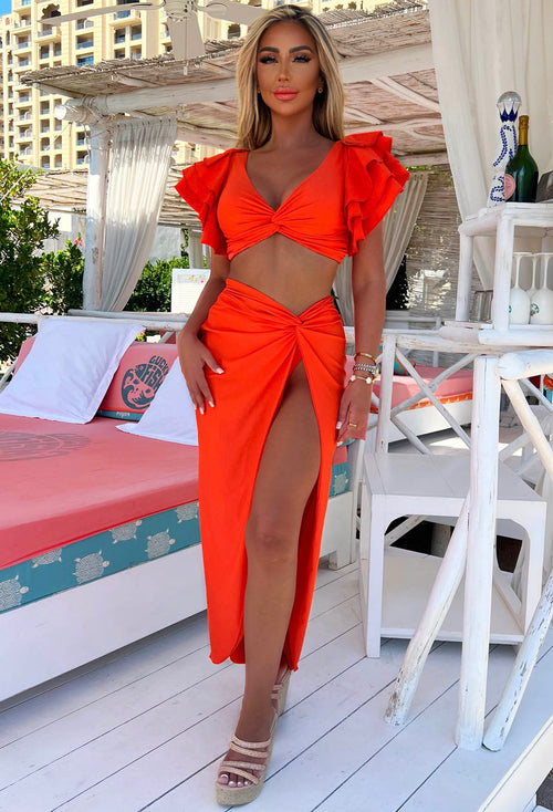 Island Hideout Orange Knot Detail Maxi Skirt Cover Up