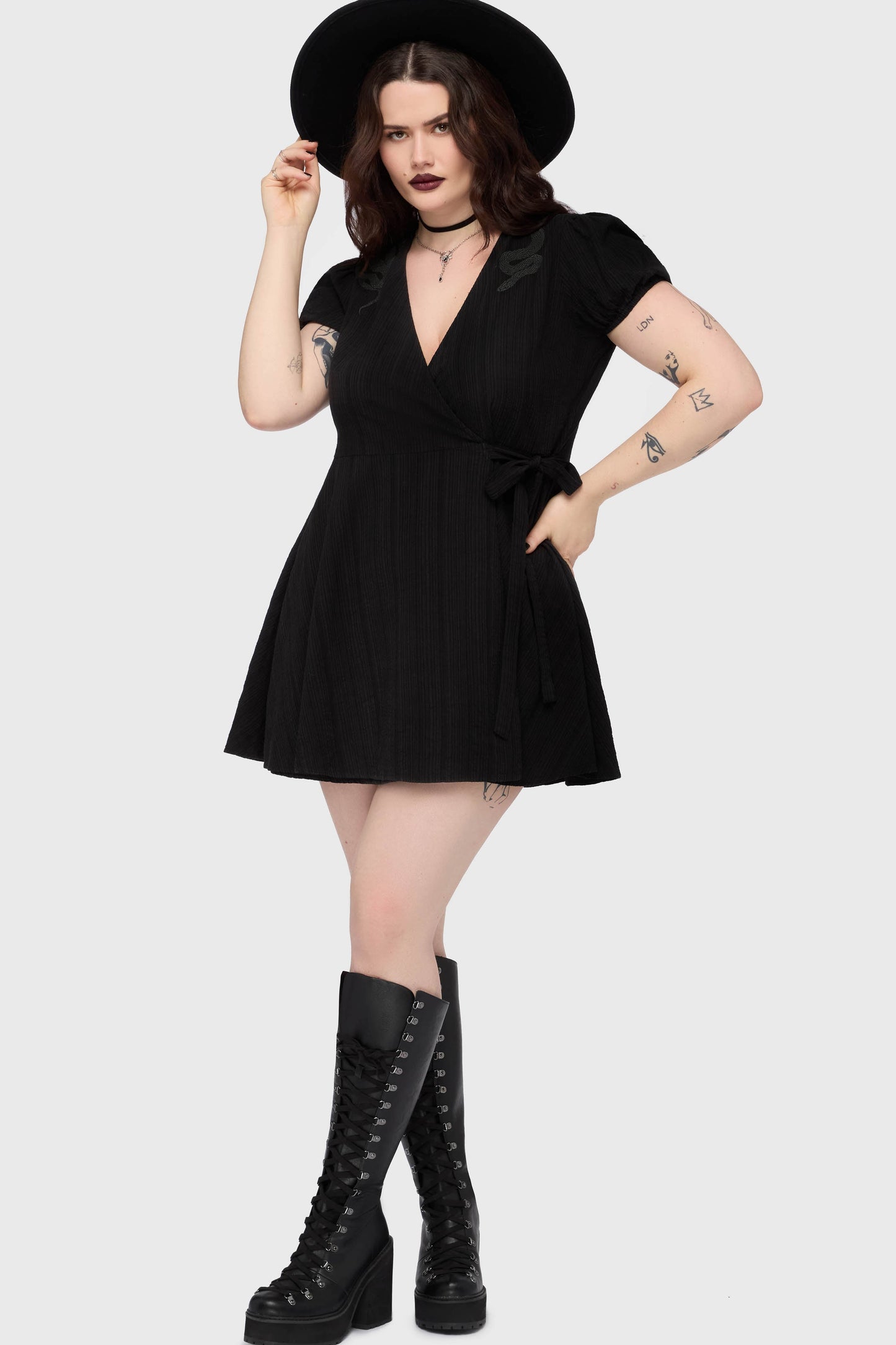 The Hollow Embroidered Mini Dress [Black]