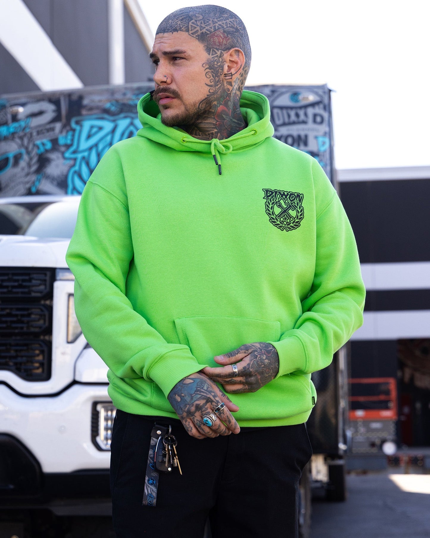 Black Party Crest Pullover Hoodie - Safety Green