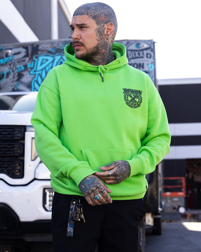 Black Party Crest Pullover Hoodie - Safety Green