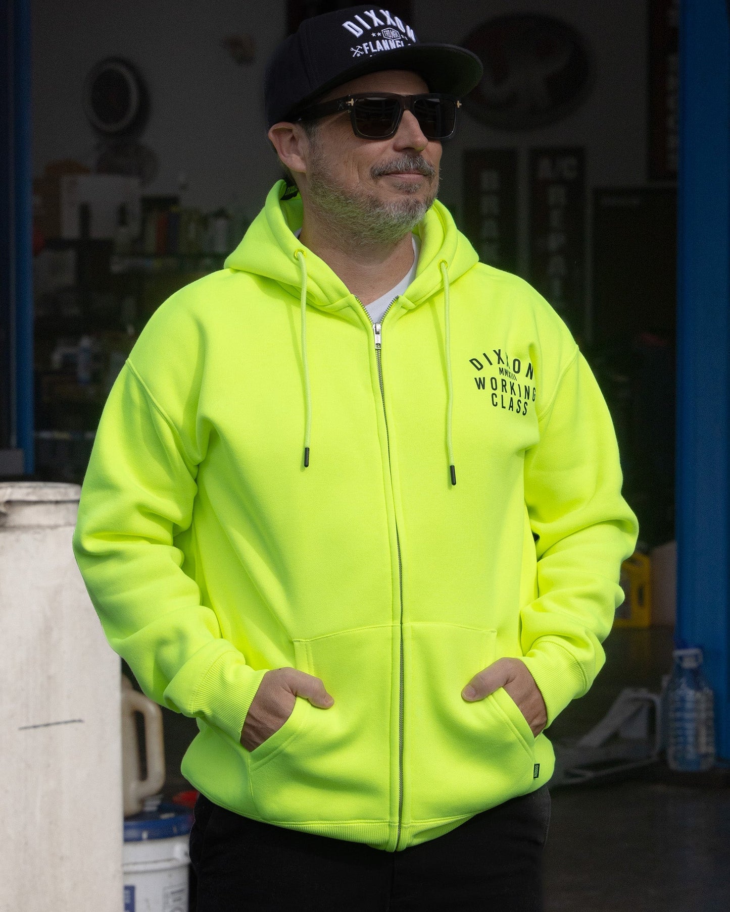 Black Working Class Zip Up Hoodie - Safety Yellow