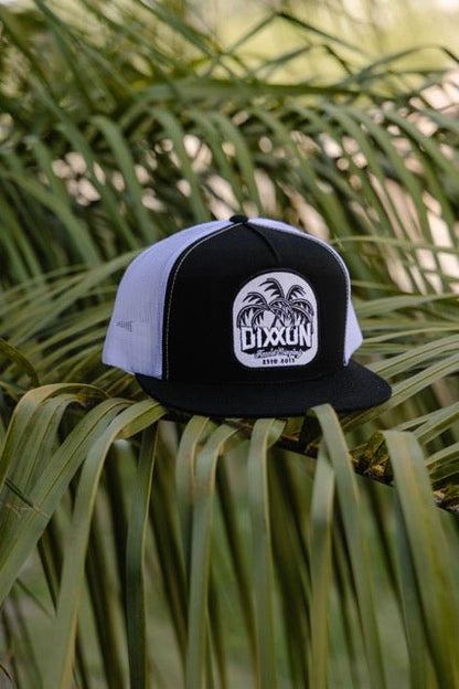 Dueling Palms Flat Bill Trucker Snapback- White & Black