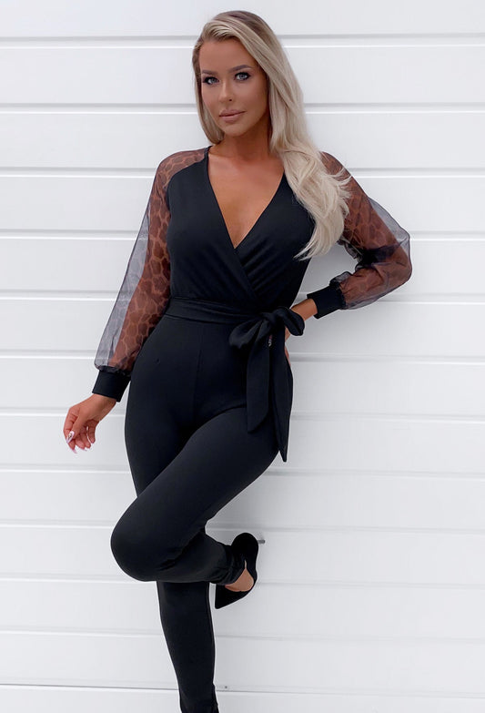 Jenna Leopard Organza Long Sleeve Jumpsuit