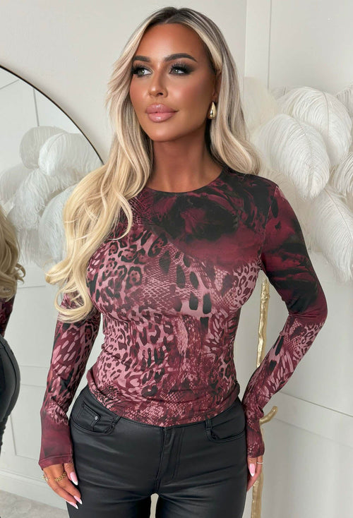 Fierce Crush Burgundy Animal Rose Print Long Sleeve Top
