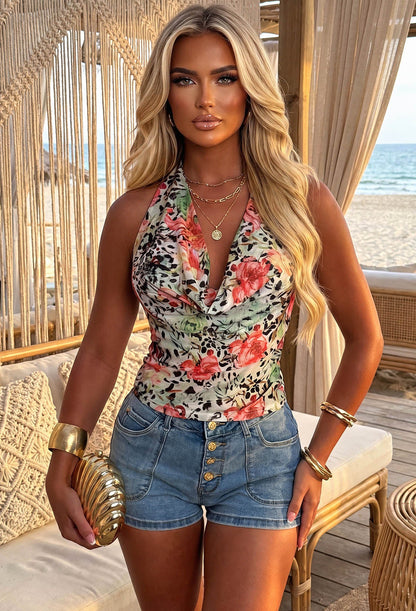 Fierce Floral Multi Animal Print Halter Neck Top