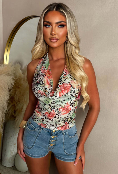 Fierce Floral Multi Animal Print Halter Neck Top