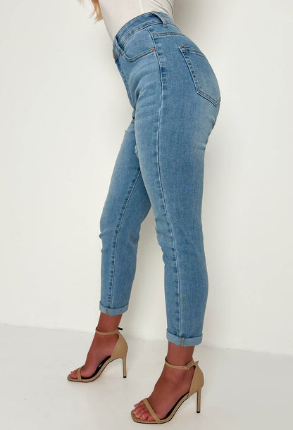 Fierce Forever Mid Blue Stretch Distressed Turn Up Mom Jeans