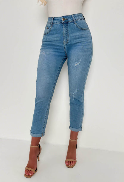 Fierce Forever Mid Blue Stretch Distressed Turn Up Mom Jeans