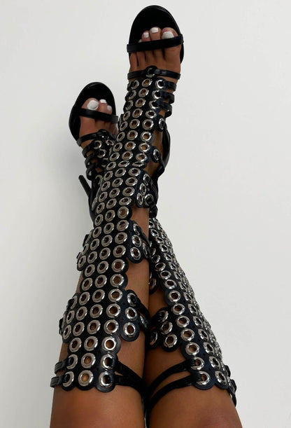 Fiercer Than Ever Black Studded Knee Length Stiletto Heels
