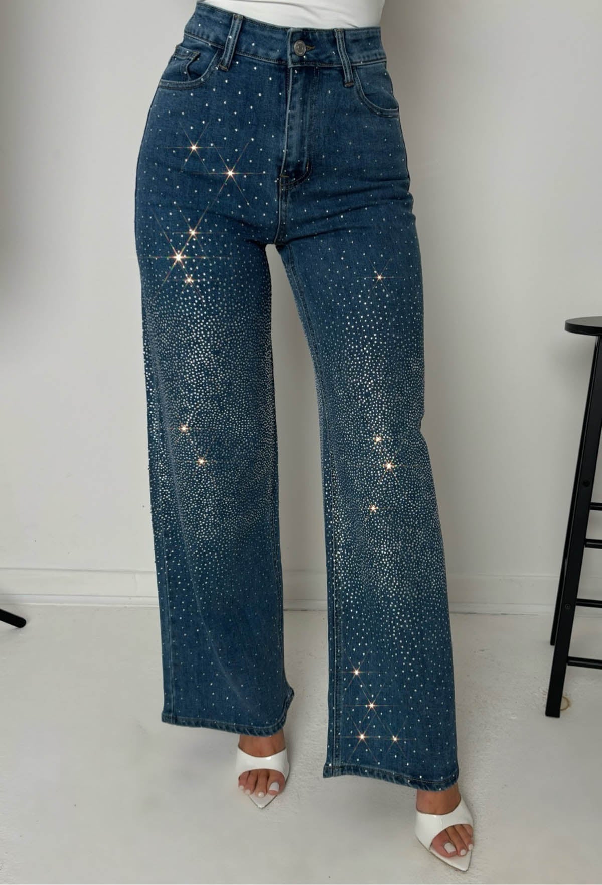 Fixed On You Mid Blue Hot Fix Stretch Wide Leg Jeans