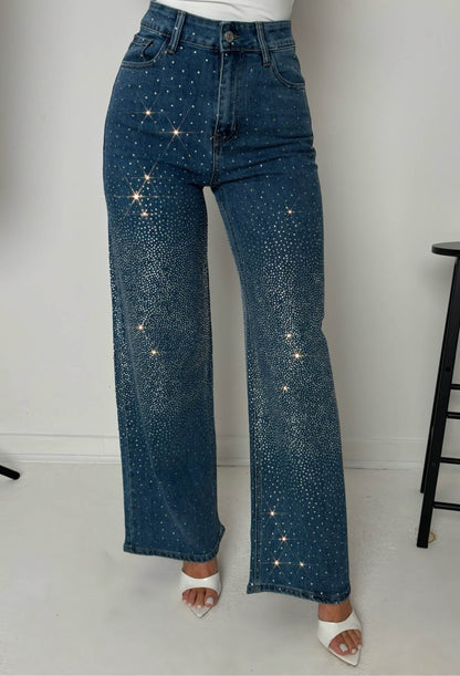 Fixed On You Mid Blue Hot Fix Stretch Wide Leg Jeans