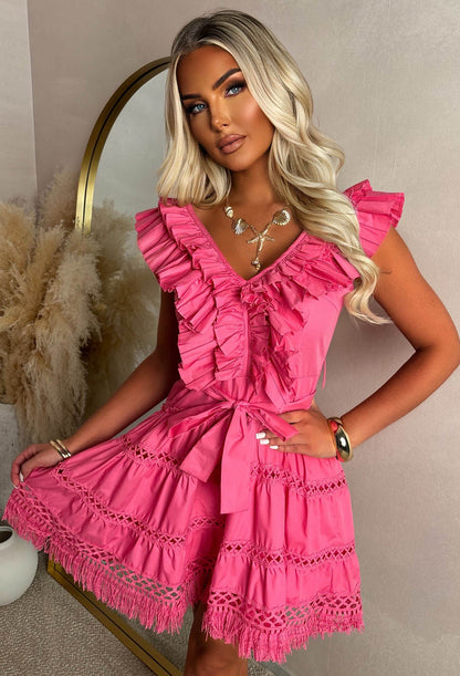 Flamingo Fantasy Fuchsia Cutwork Frill Detail Mini Dress