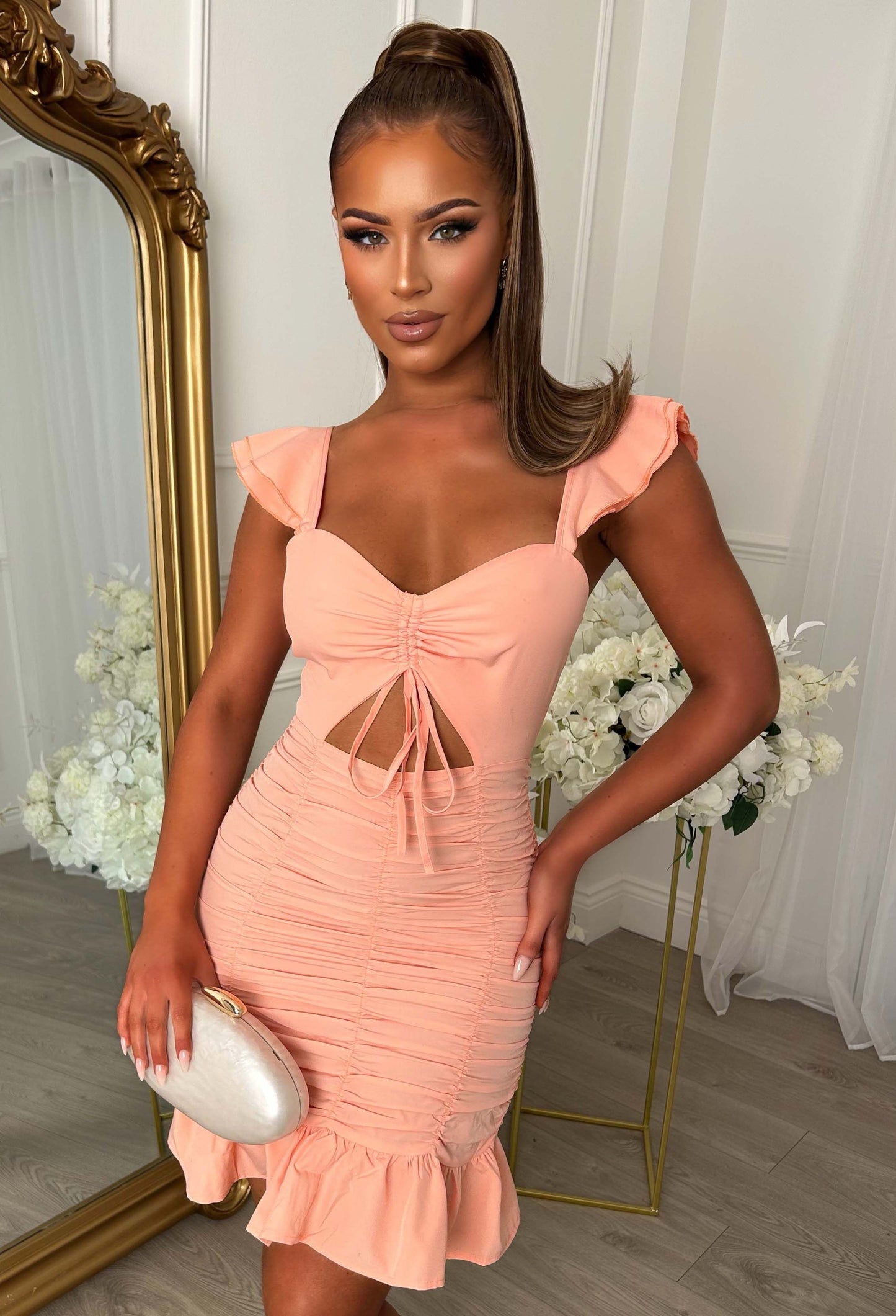 Flirty Flutter Coral Ruched Cut Out Mini Dress