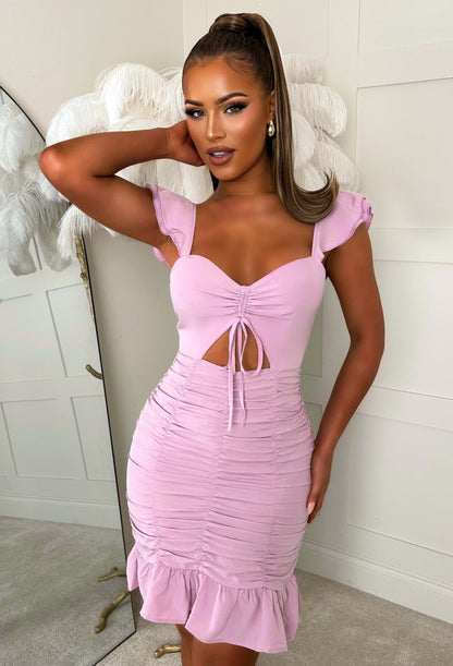Flirty Flutter Lilac Ruched Cut Out Mini Dress